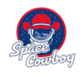 Space Cowboy logo featuring an astronaut helmet with a red cowboy hat and farm scene reflection