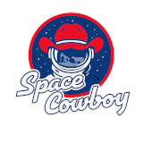 Space Cowboy logo featuring an astronaut helmet with a red cowboy hat and farm scene reflection