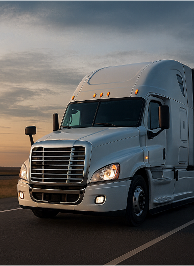 White semi-truck driving on highway at sunset with clear sky in background